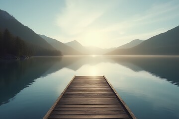 Fototapeta premium Serene Sunrise over Mountain Lake with Wooden Dock