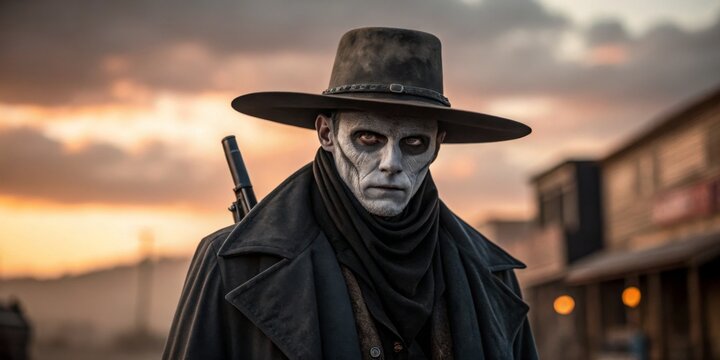 Mysterious figure in dark attire stands against a sunset in a deserted town