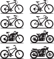 Fototapeta premium Bicycle and Motorcycle Vector Silhouettes Collection for Transportation and Recreation Designs Featuring Mountain Bikes Road Bikes and Classic Motorbikes Isolated on White Background