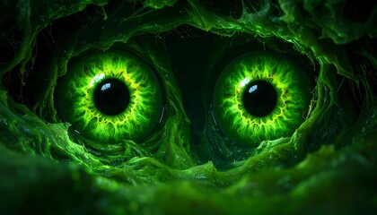 Glowing green eyes in slime