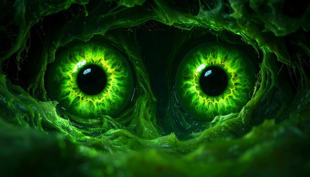 Glowing green eyes in slime