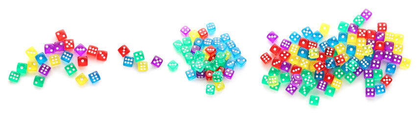 Set of many dices on white background, top view