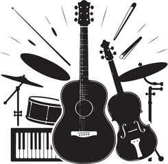 Naklejka premium Black and White Silhouette Illustration of Musical Instruments Including a Guitar Violin Drum Set and Keyboard Perfect for Music Lovers and Musicians