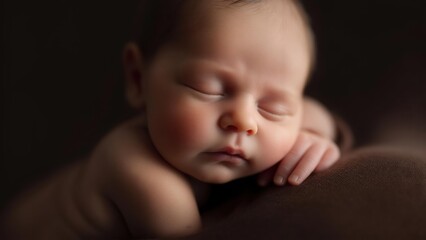 Serene Newborn Slumbers in an Embrace, Illuminated by Soft, Painterly Light