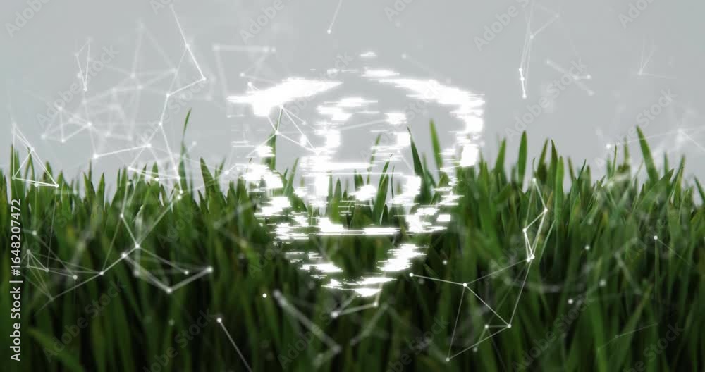 Poster glitching streaks above grass forming shield icon with padlock, network nodes representing security