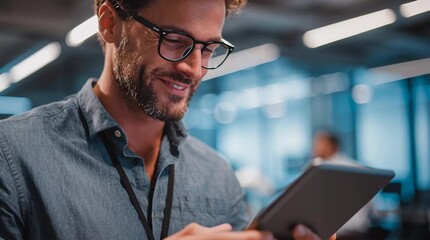 Happy young business man executive holding pad computer at work. Male professional employee using digital tablet fintech device standing in office checking financial online market data - Powered by Adobe