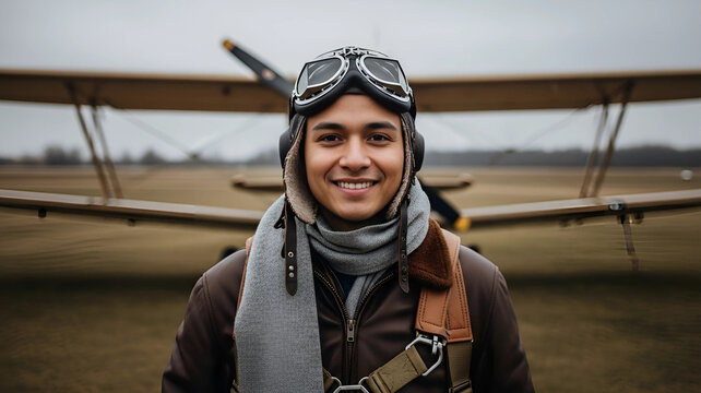 Happy Pilot Posing in Front of a Vintage Airplane - Portrait of an Aviator Ready for Flight