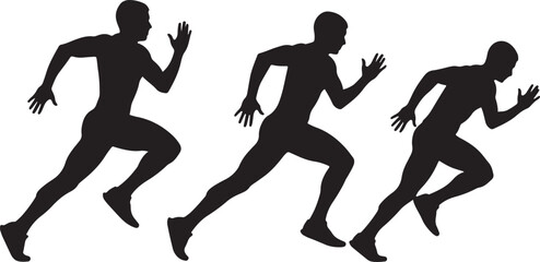 Black silhouettes of three male runners sprinting in a race on a white background
