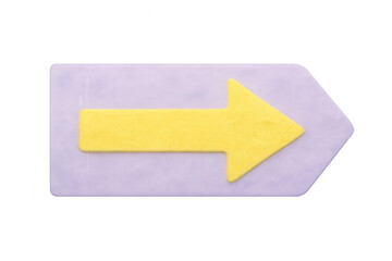 Yellow right-pointing arrow on purple label, transparently positioned, signaling direction and emphasizing key details against clean background