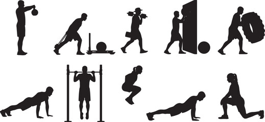 Fototapeta premium Black silhouettes of people performing various high-intensity fitness and workout exercises