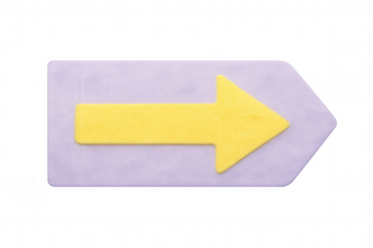 Yellow right-pointing arrow on purple label, transparently positioned, signaling direction and emphasizing key details against clean background