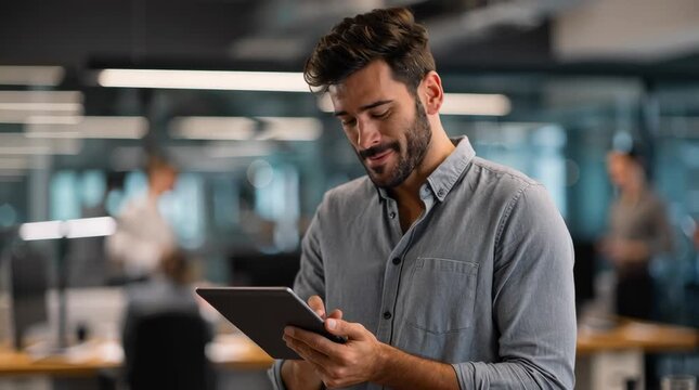 Happy young business man executive holding pad computer at work. Male professional employee using digital tablet fintech device standing in office checking financial online market data