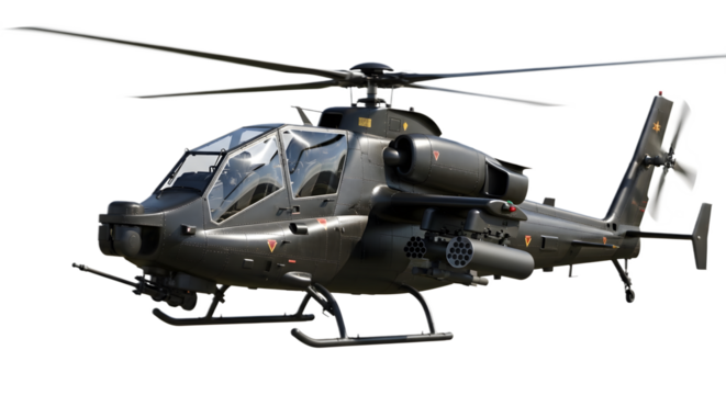 Military Attack Helicopter Isolated on White Background – Armed Combat Aircraft with Weapons and Advanced Aviation Technology