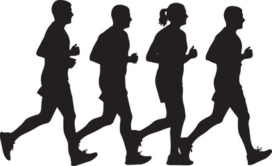 Black silhouette of four runners men and a woman jogging together on white background