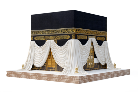 Kaaba in Mecca with Black and Gold Kiswah Draped in White Cloth, Sacred Islamic Site for Hajj and Umrah Pilgrimage, Isolated on White Background