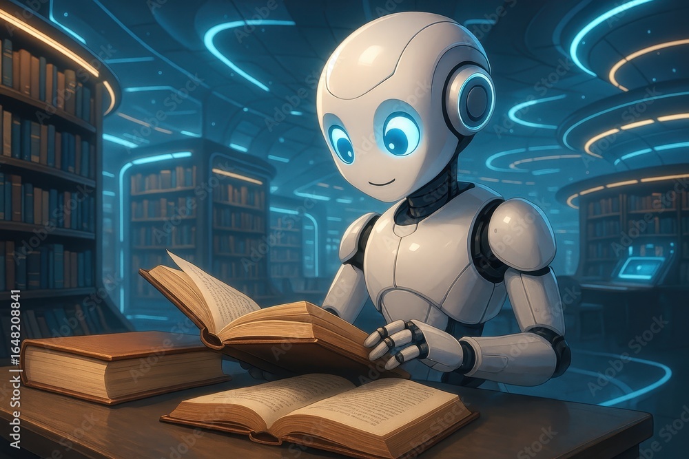 Poster adorable learning robot discovering knowledge through books in cozy digital library setting