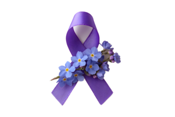 Purple Awareness Ribbon with Blue Forget-Me-Not Flowers, Symbolizing Alzheimer’s Disease, Dementia Awareness, and Support for Health Causes