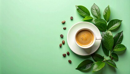 中央に配置されたエスプレッソカップを、マットなパステルグリーン背景の上から撮影しました。
柔らかなトップライトがカップとコーヒーの質感を際立たせています。