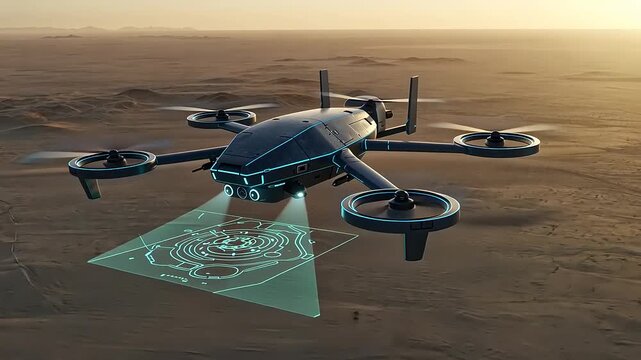 Futuristic drone surveying a desert landscape with holographic mapping technology in use