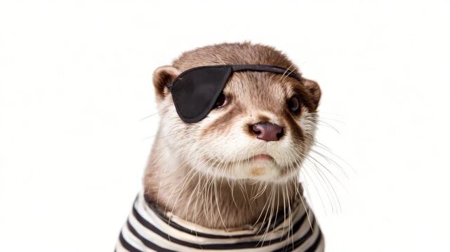 Pirate otter dressed in striped shirt and eye patch poses for camera