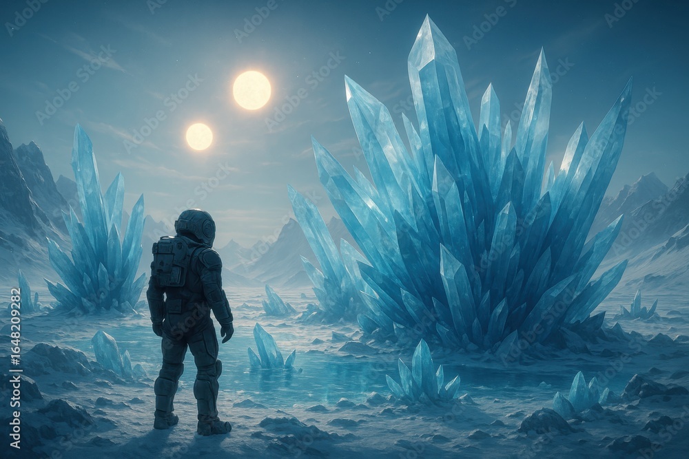 Poster astronaut explorer discovering alien crystalline formations on distant ice planet with binary star s
