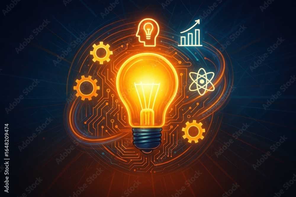 Poster brilliant lightbulb with swirling energy patterns and innovation symbols floating in dynamic composi