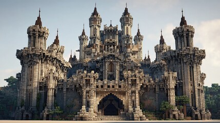 A majestic, grey stone castle with numerous towers, intricate detailing, and a large arched entrance, set against a clear sky and minimal landscape