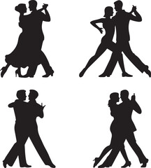 Elegant Silhouettes of Couples Dancing Ballroom Tango and Waltz Poses on White Background for Valentines Day and Special Events Invitation Designs