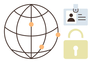 Globe with connection points, ID card, and lock representing networking, identity, and security. Ideal for cybersecurity, data access, digital identity, information sharing technology privacy
