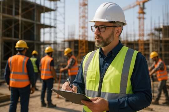 Construction safety manager wearing complete personal protective equipment inspecting active worksite for compliance