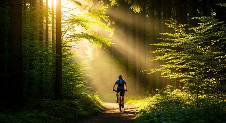 Fototapeta premium Golden Sunlight Illuminates Forest Trail Cyclist Embraces Natures Beauty.