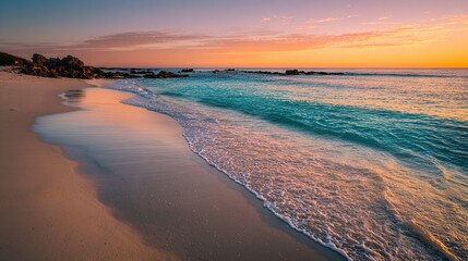 Sunrise over a pristine beach with turquoise waves