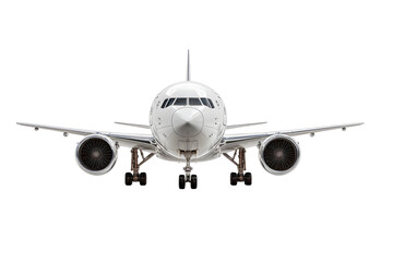 Front view of a commercial airplane isolated on black offering a dramatic perspective