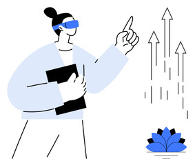 Person wearing virtual reality glasses, holding a tablet, pointing upward. Arrows signify progress. Lotus represents mindfulness. Ideal for technology, innovation, growth, future mindfulness