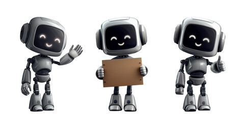 Set of Friendly Robots. One of the robots with a welcoming gesture. Another robot with a sign in his hands. Third robot with a thumbs up.