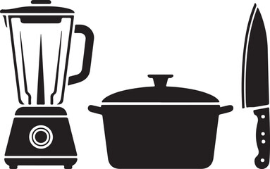 Kitchen utensil icons featuring a blender pot with lid and a chefs knife in a minimalist black and white design for food preparation and cooking