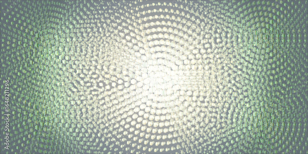 Poster abstract golden dotted wave pattern on a soft gray background, glowing light effect with circular an