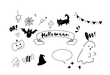 A hand-drawn Halloween doodle illustration featuring festive elements in a playful style