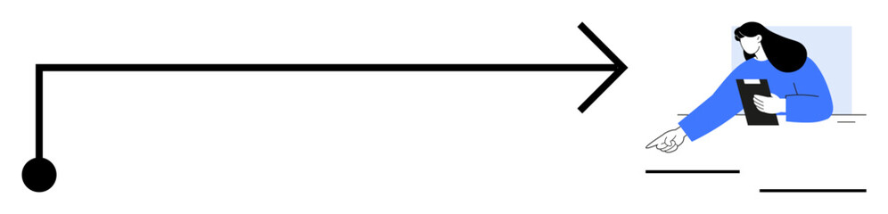 Woman holding tablet and pointing to details, accompanied by a bold arrow symbolizing movement or steps. Ideal for workflow, process mapping, guidance, analysis, collaboration, navigation, simple