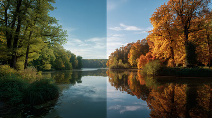 A left-right comparison of a serene lakeside view. On the left, the lake is surrounded by fresh spring trees and reflects a clear blue sky. 