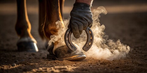 Crafting a horseshoe for a hardworking steed in a dusty barn at sunset