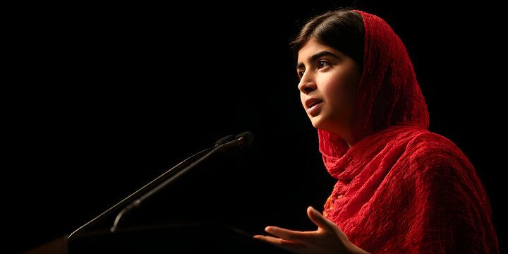 A powerful image of a famous woman like Malala Yousafzai speaking at an event.