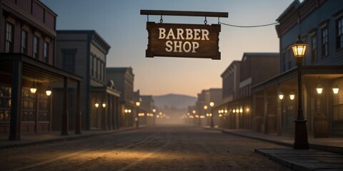 Cowboy town at dusk with a vintage barber shop sign hanging above the dusty street