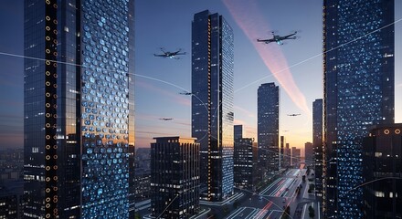 Obraz premium Cityscape featuring futuristic aerial vehicles and glowing networks. 