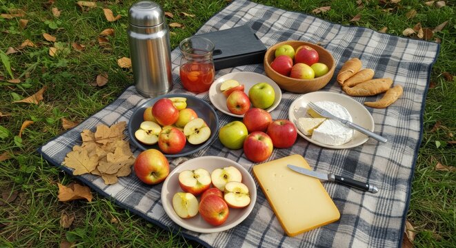 Autumn Picnic with Apples, Cheese, and Bread on a Plaid Blanket