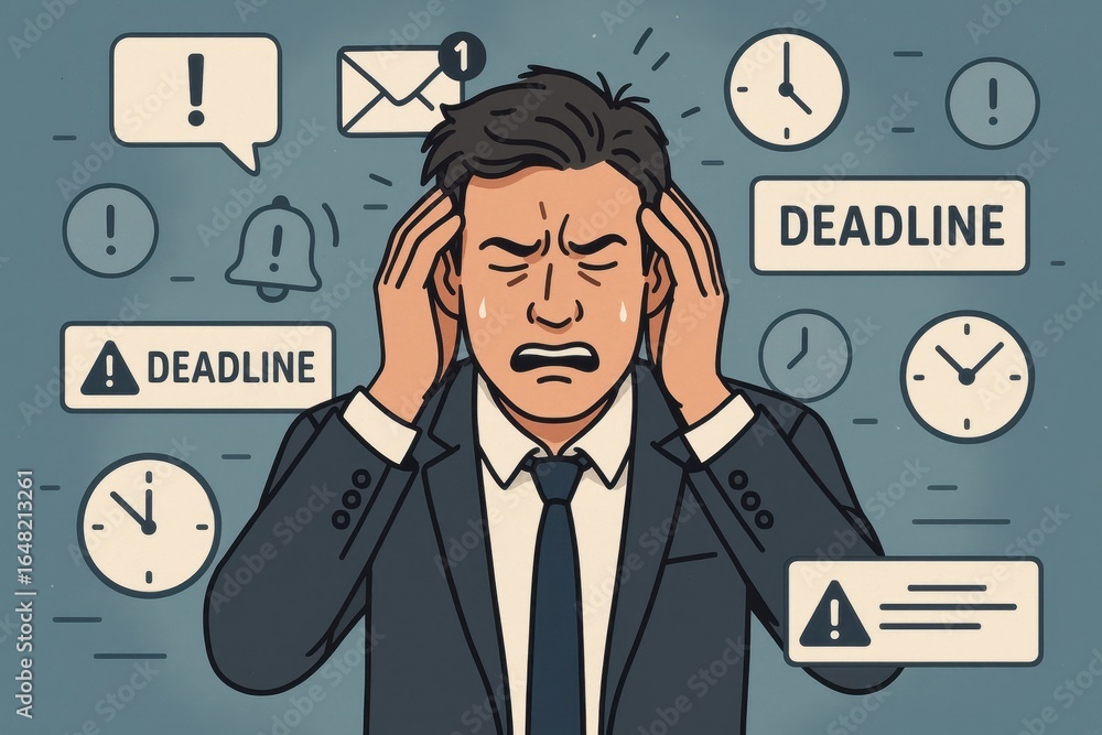 Poster overwhelmed businessman with floating digital notifications and time pressure visualization