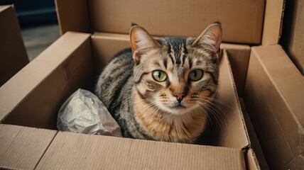 A tabby cat sitting inside a cardboard box looking directly at the camera with green eyes calmly