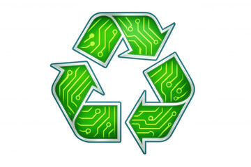Obraz premium Green circuit board forming recycle symbol promoting electronic waste recycling and environmental conservation, on transparent background