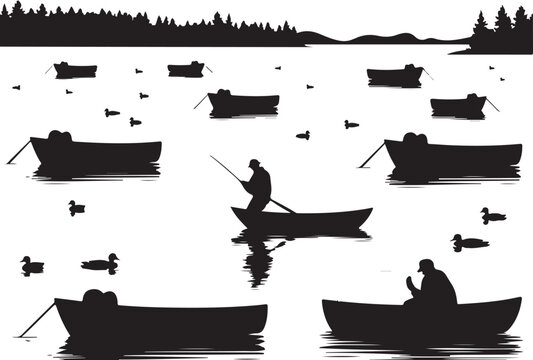 Silhouette of serene lake landscape with fishermen in boats and ducks swimming offering a peaceful outdoors scene perfect for travel and nature themed content