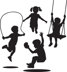 Silhouettes of Children Playing Outdoor Activities Fun and Energetic Childhood Games Jumping Rope Swinging and Throwing Ball Expressing Joy and Friendship in Black and White